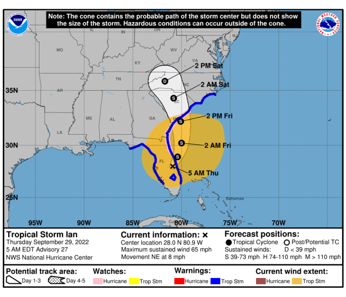 Graphic depicting the path and timeline of the impacts of Topical Storm Ian.
