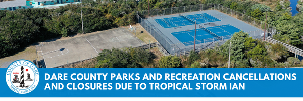 Aerial image of tennis and basketball courts. Text reads, "Dare County Parks and Recreation Cancellations and Closures Due to Tropical Storm Ian"