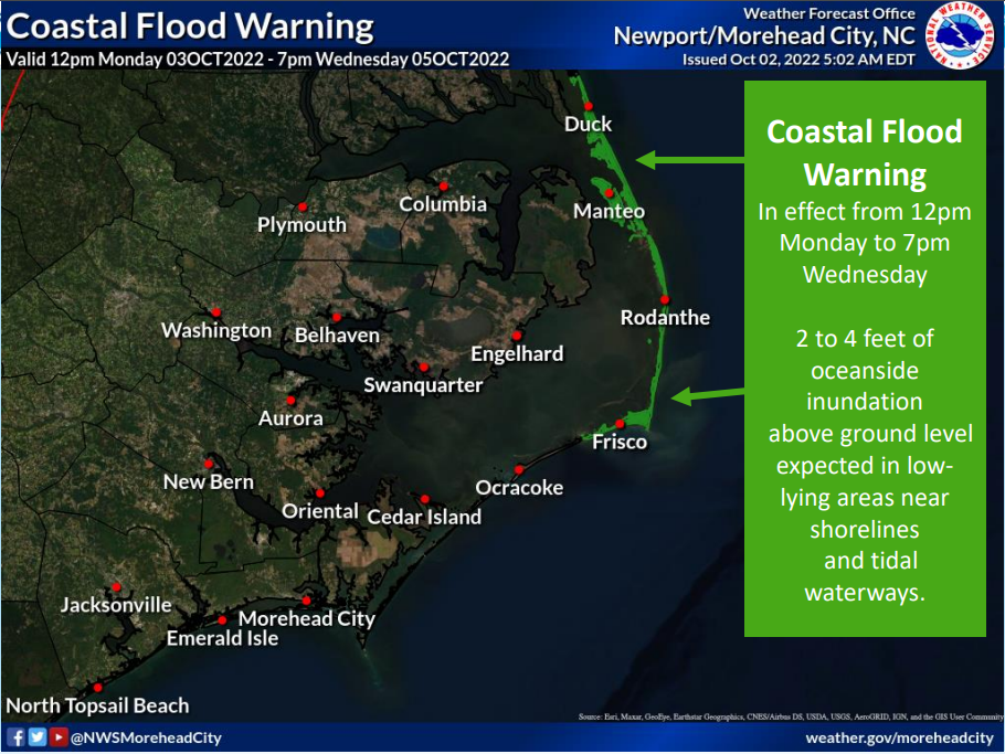 NWS map which depicts areas along the Outer Banks that are prone to flooding in the Coastal Flood Warning.