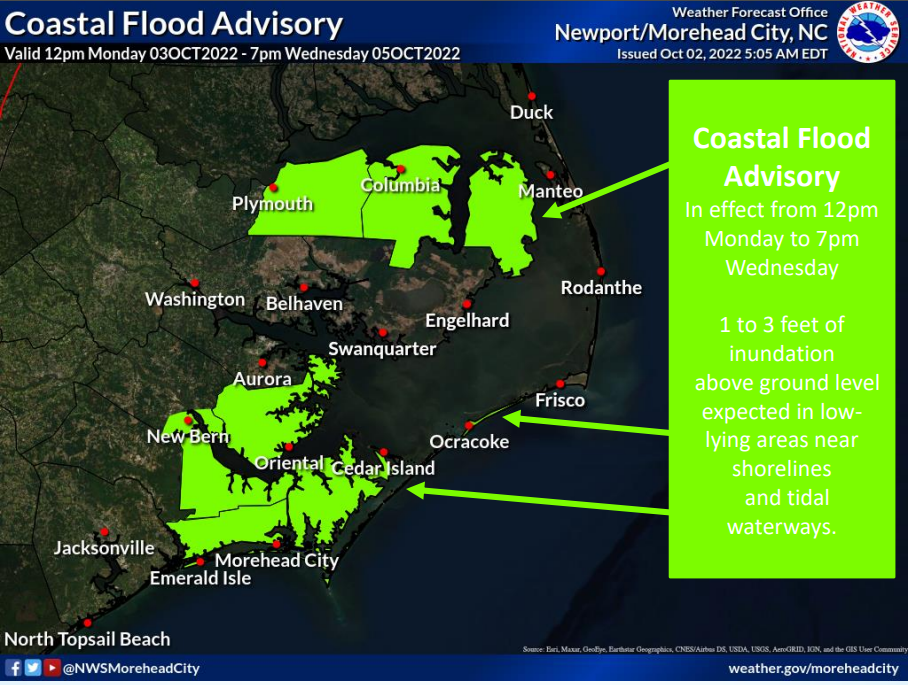 NWS map depicting areas in the Outer Banks that are prone to flooding in the Coastal Flood Advisory.