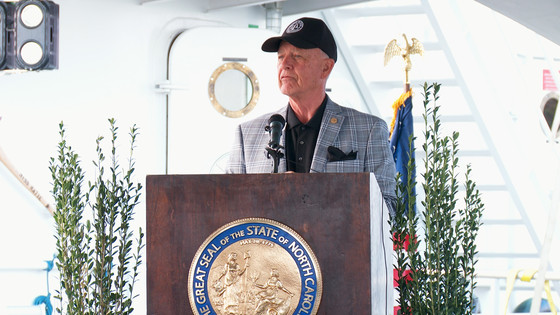 Image of Chairman Woodard speaking during the christening event in Wanchese Marine Industrial Park.