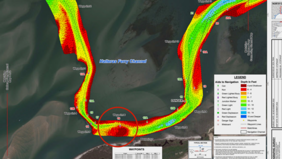 Satellite image depicting shoaling within the Hatteras Ferry Channel. A red circle highlights the are where dredging is underway.