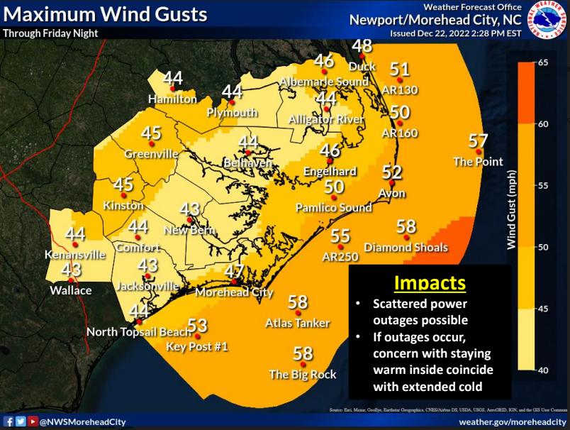 Map which depicts maximum wind gusts for our area, as described in the text above.