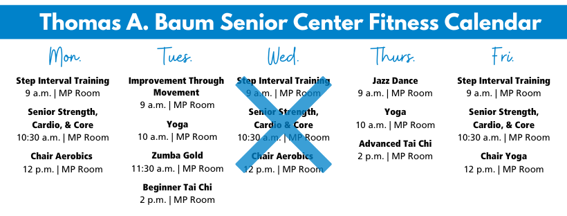 Image depicting the Baum Senior Center fitness class schedule which can be found at DareNC.gov/Baum.