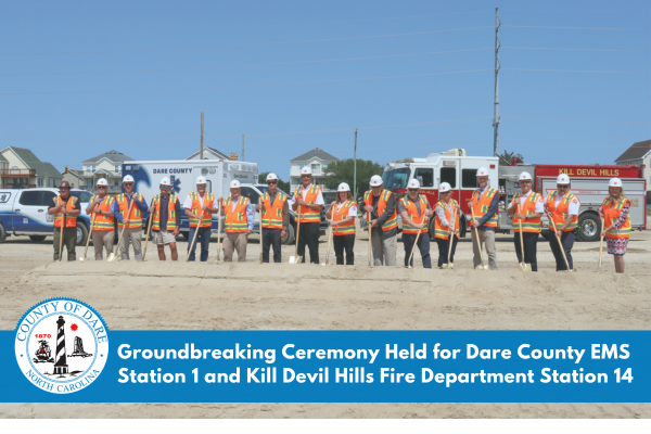 Image of county/town officials holding shovels. "Groundbreaking Ceremony Held for Dare EMS Station 1 and KDH Fire Dept. Station 14"