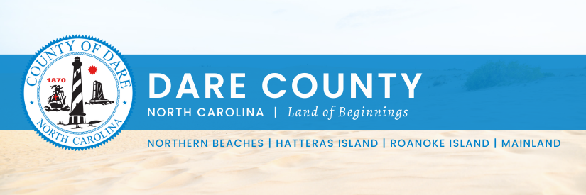 Header reads: Dare County Norther Carolina | Land of Beginnings | Northern Beaches | Hatteras Island | Roanoke Island | Mainland