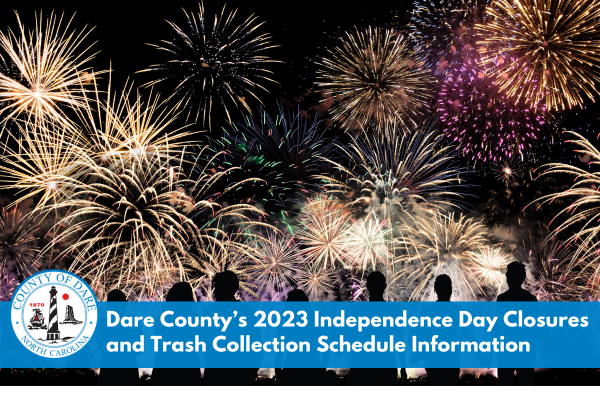 Image of fireworks. Text reads: Dare County’s 2023 Independence Day Closures and Trash Collection Schedule Information
