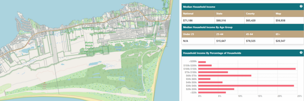 Image of a map depicting the median income and household income for an area in Buxton, NC.