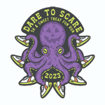 Logo for Dare to Scare 5K & Sweet Treat Fun Run (featuring a purple octopus wearing sneakers)