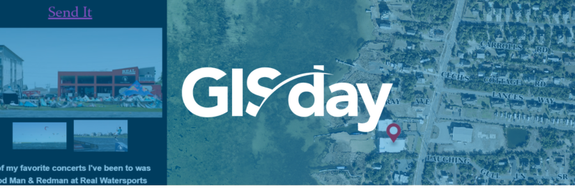 Graphic of a map location. Overlay reads, "GIS Day"
