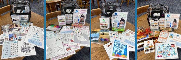 Four photos of the items contained in the seasonal memory kit backpacks.