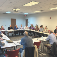 Image of a large group of people seated around a conference table in discussion.