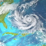 Satellite image of a hurricane in the Atlantic Ocean heading towards North Carolina.