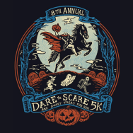 Graphic depicting a headless pumpkin horseman with ghosts, witches and skeletons. Text: 8th Annual Dare to Scare 5K & Sweet Treat Fun Run