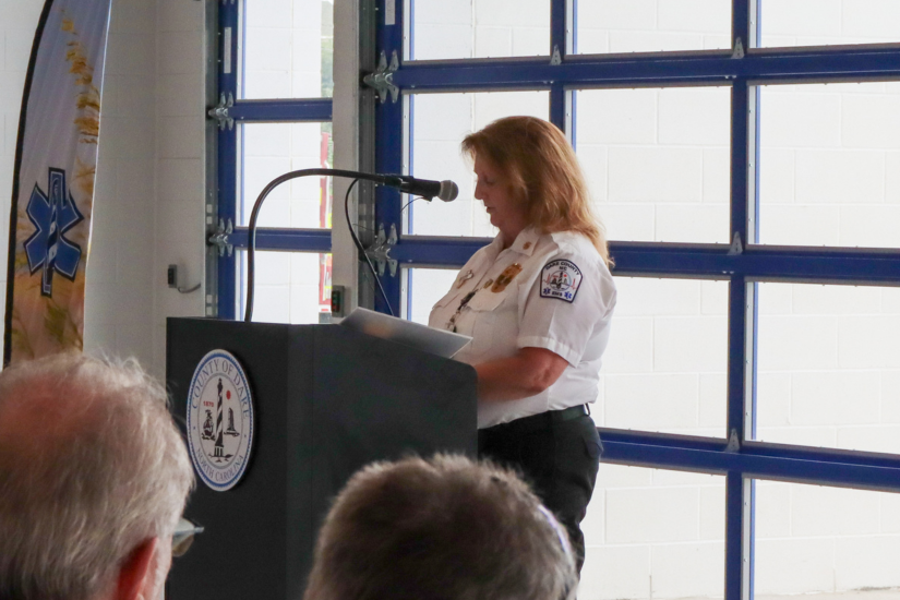 Image of Dare County EMS Chief Collins speaking during the ribbon cutting ceremony.