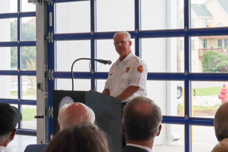 Image of Chief Tilley of the Kill Devil Hills Fire Department speaking during the ribbon cutting ceremony.