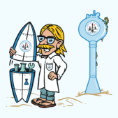 Graphic of a character holding a surfboard-turned-lab kit named Professor Faucet, with a Dare County Water Department behind him.