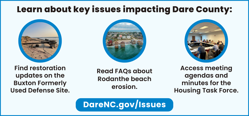 Learn about key issues impacting Dare County: Buxton FUDS, Rodanthe Beach Erosion and the Housing Task Force. Click to access DareNC.gov/Issues.