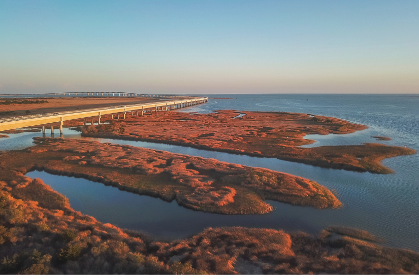 Aerial image of the Herbert C. Bonner Bridge over Oregon Inlet.