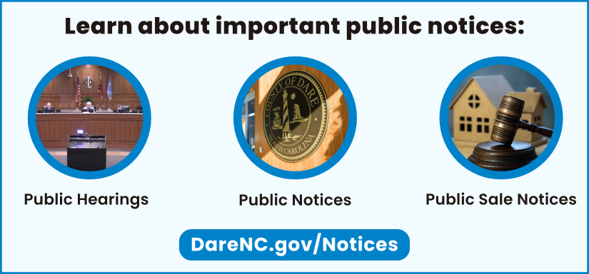 Graphic reads: Learn about important public notices: Public Hearings | Public Notices | Public Sales Notices | Click to visit DareNC.gov/Notices