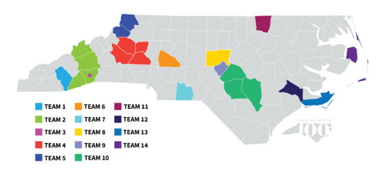 Map of N.C. counties that have been selected for collaboration with UNC-Chapel Hill to address affordable housing needs.