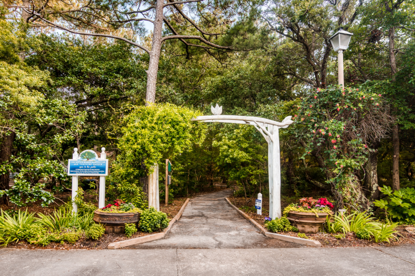Image of the entrance to the Outer Banks Arboretum and Teaching Garden pathway, featuring lush plants and a flower-covered archway.