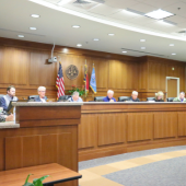 Image of the Dare County Board of Commissioners during a meeting in Manteo