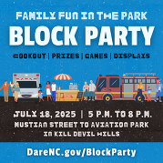 Graphic reads; Block Party July 18, 2025 from 5 p.m. to 8 p.m.