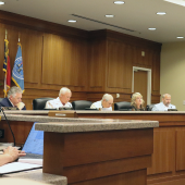 Image of the Dare County Board of Commissioner sitting at their dais during a meeting. 