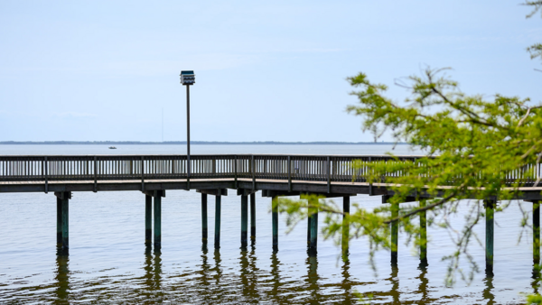 Image of the boardwalk along the water in Duck, NC. A bird house stands tall in the water.