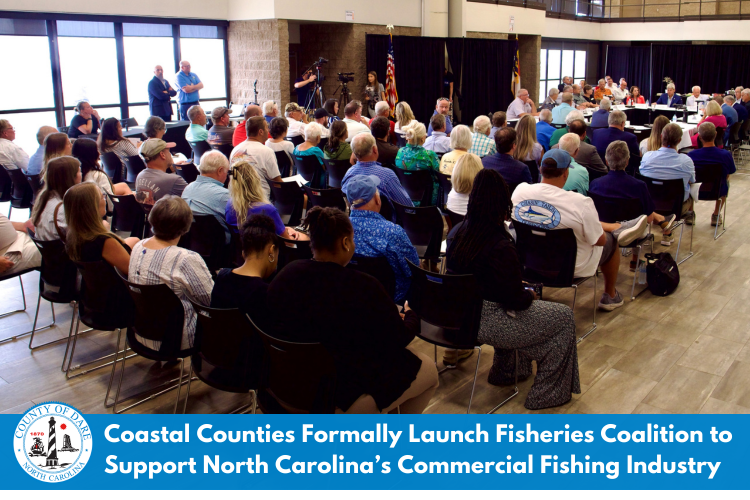 Image of the inaugural meeting. Heading: Coastal Counties Formally Launch Fisheries Coalition to Support North Carolina’s Commercial Fishing Industry