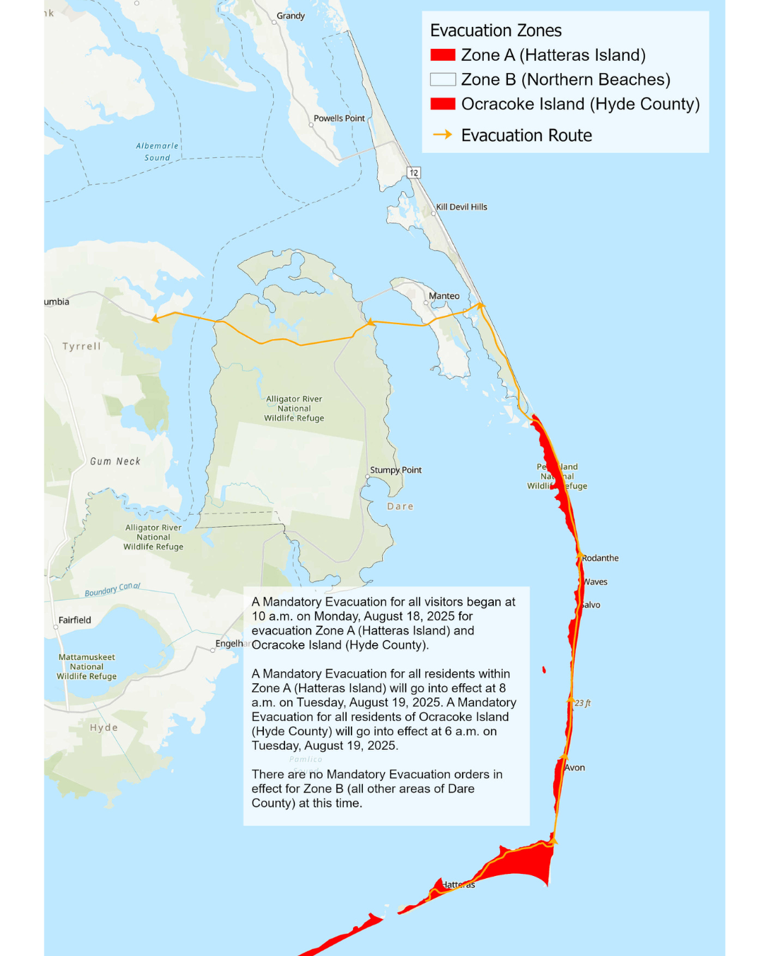 Image showcasing the areas that have been evacuated in red.
