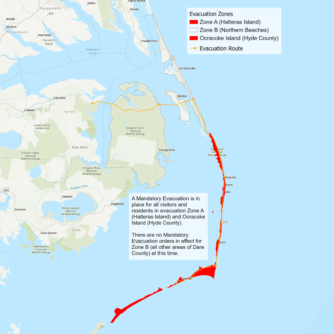 Map showcasing the areas under a mandatory evacuation (all of Hatteras Island)