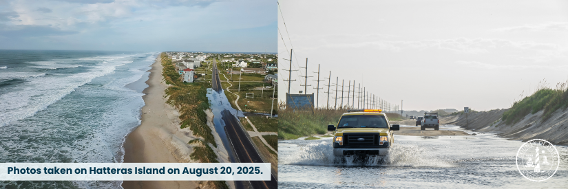 Photos of flooding roads taken on Hatteras Island on August 20, 2025.