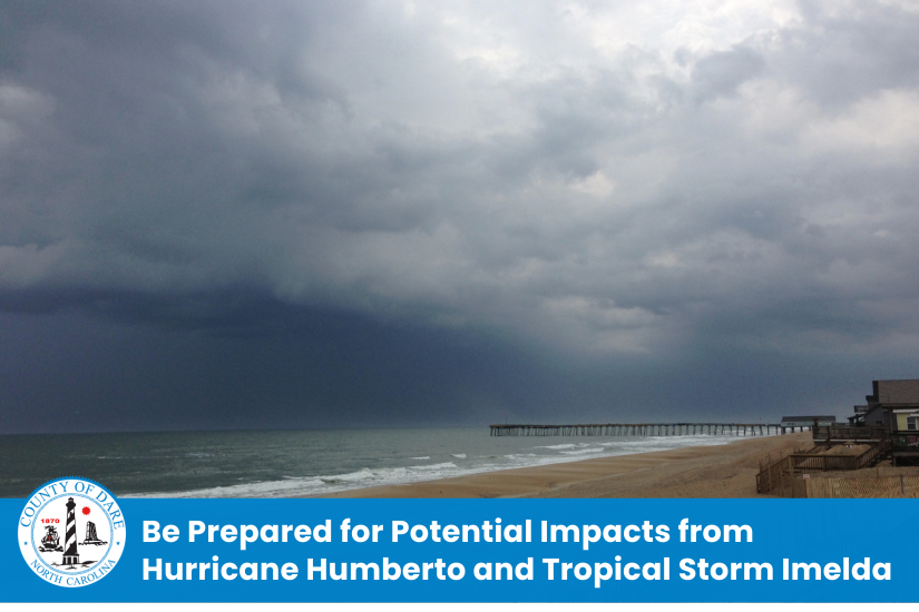 Image of a stormy sky over the ocean. Heading: Be Prepared for Potential Impacts from Hurricane Humberto and Tropical Storm Imelda