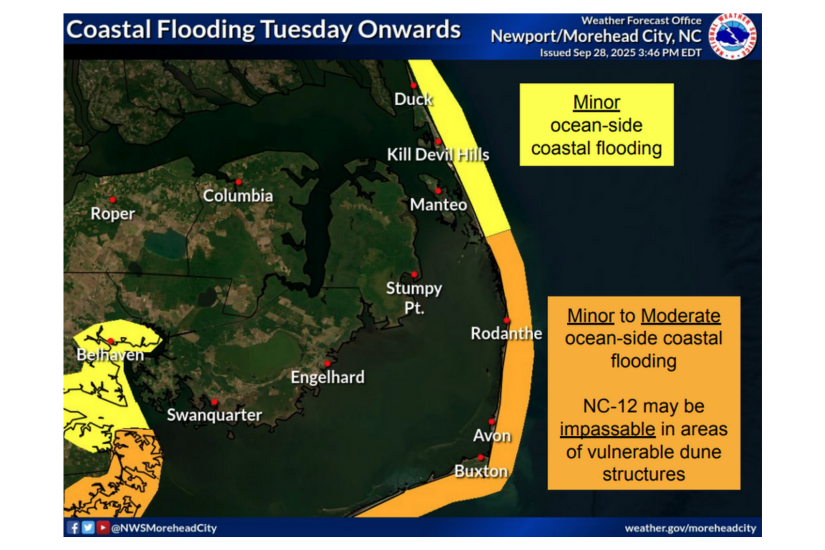 Image depicting areas of the Outer Banks where coastal flooding may occur, as outlined below in text.