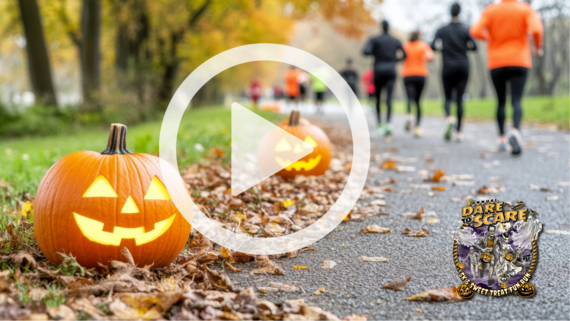 Image of runners dressed warmly as they jog through a forest lined with pumpkins. A play button signifies a video will play when clicked.