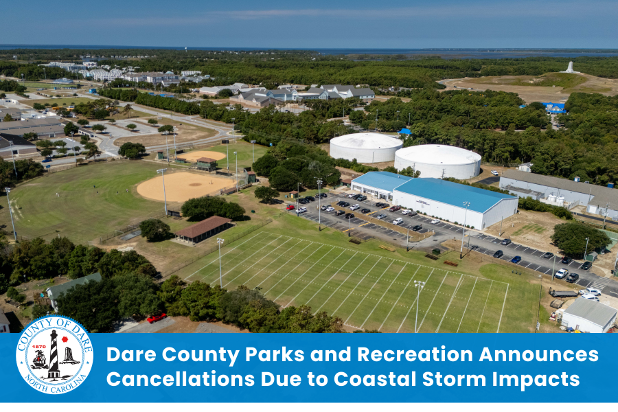 Aerial image of the Youth Center in Kill Devil Hills. Heading: Dare County Parks and Recreation Announces Cancellations Due to Coastal Storm Impacts