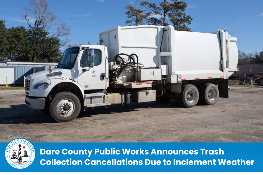Image of a trash truck. Heading reads: Dare County Public Works Announces Trash Collection Cancellations Due to Inclement Weather from Coastal Storm