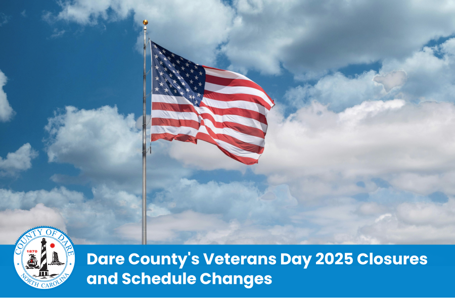 Image of an American flag. Heading: Dare County's Veterans Day 2025 Closures and Schedule Changes 