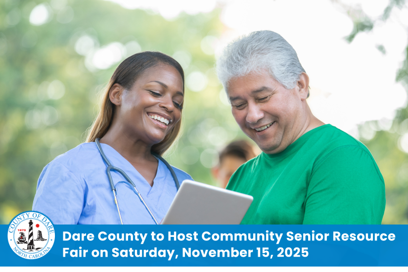 Image of a woman showing an elderly man a tablet. Heading: Dare County to Host Community Senior Resource Fair on Saturday, November 15, 2025
