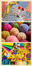 Colorful yarn, sewing notions, other craft supplies