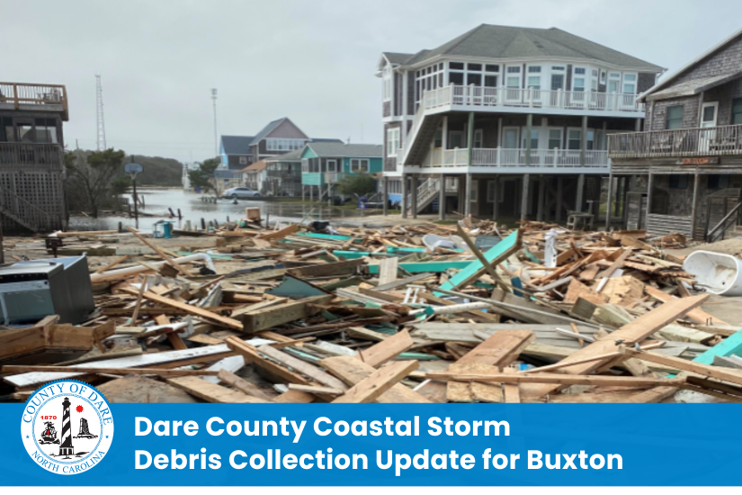 Image of debris and water covering streets in Buxton. Heading: Dare County Coastal Storm Debris Collection Update for Buxton