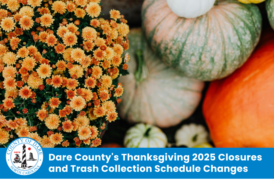 Image of mums and pumpkins. Heading reads: Dare County's Thanksgiving 2025 Closures and Trash Collection Schedule Changes