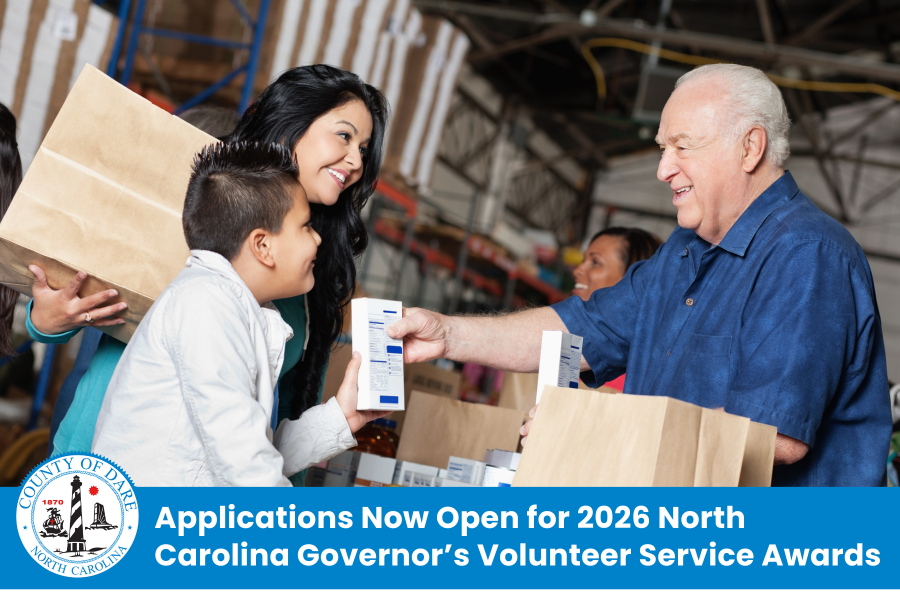 Image of people working in a food pantry. Heading: Applications Now Open for 2026 North Carolina Governor’s Volunteer Service Awards