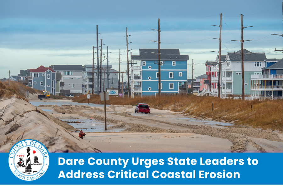Image of sand covering NC Hwy.12. Heading reads: Dare County Urges State Leaders to Address Critical Coastal Erosion