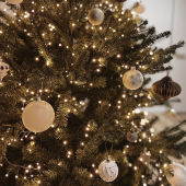 Image of a Christmas tree with gold and silver ornaments.