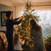 Image of a family decorating a live Christmas tree.