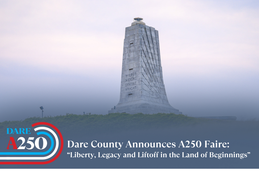 Heading: Dare County Announces A250 Faire: “Liberty, Legacy and Liftoff in the Land of Beginnings” (Image of the Wright Brothers Monument)