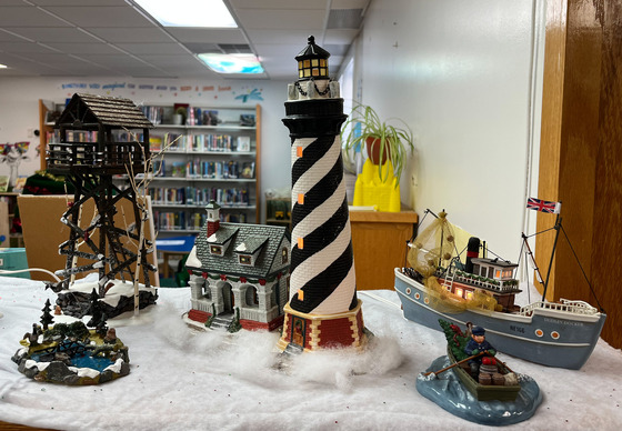 Winter miniature scene of Hatteras Lighthouse and boats